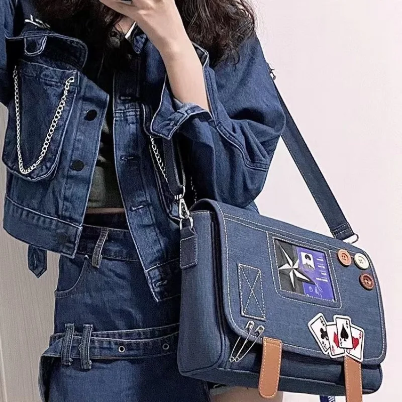 New Trendy Ita Bag 2024 Fashion Denim Blue Canvas Shoulder Bags for Women Popular Transparent Crossbody Bag Harajuku Bolso