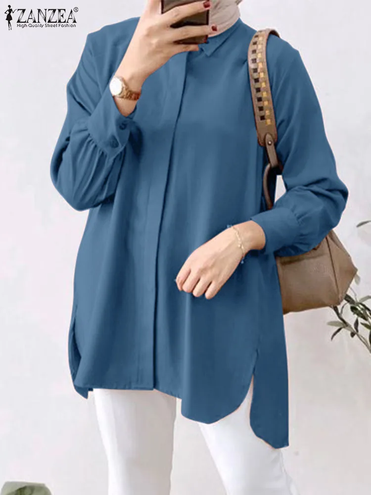 

ZANZEA Muslim Fashion Blouse Autumn Long Sleeve Tops For Women Elegant Abaya IsIamic Clothing Turkey Hijab Shirt Solid Blouses