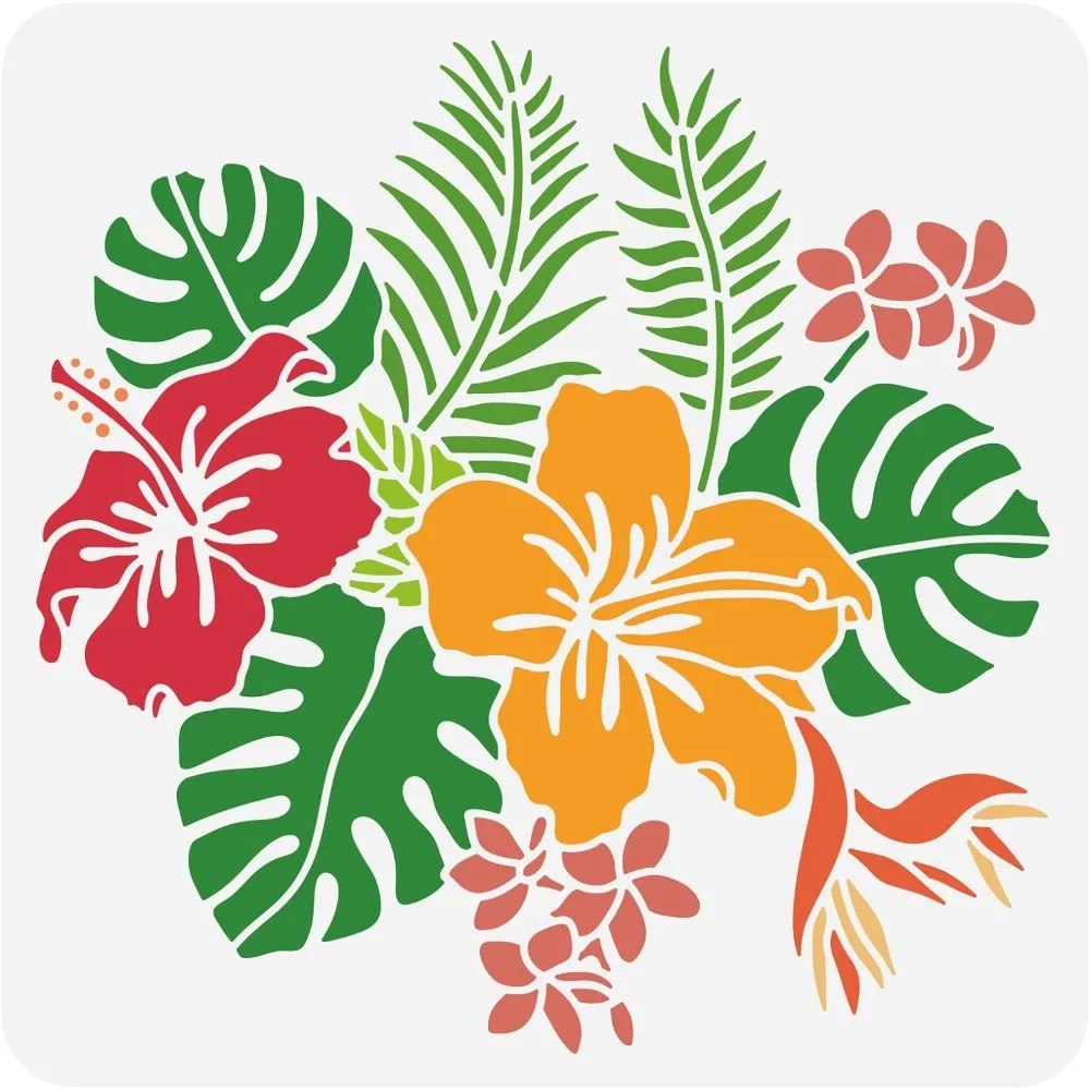 Hibiscus Flower Drawing Stencils Tropical Plant Hawaiian Flower Reusable Plastic Painting Template for DIY Crafts Scrapbook Wall