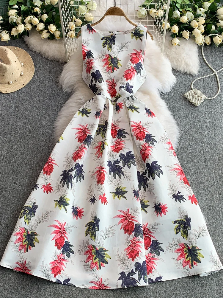 Vestido F E Estampado Sem Mangas com Saia Godê, Cintura Alta, Efeito Emaecedor, Novo Estilo Coreano para o Ve...