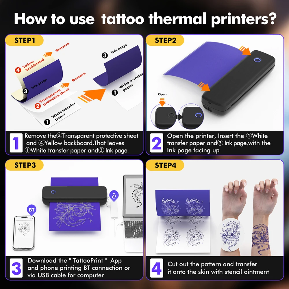 Impressora de tatuagem profissional, máquina térmica do molde, Bluetooth sem fio, impressora de papel A4, compatível com Android, iOS, portátil