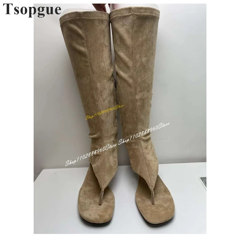 Khaki Flock Knee High Flip Flop Boots Thin High Heel Shoes For Women Side Zipper Split Toe 2024 Fashionable Zapatos Para Mujere