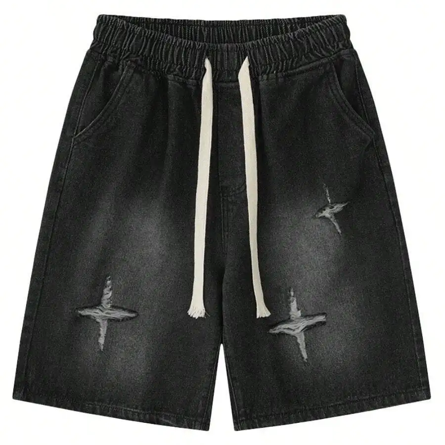 

Mens Black Ripped Denim Shorts With Drawstring Waist