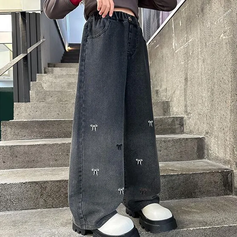나비 자수 어린이 겨울 느슨한 청바지, 여아용 따뜻한 바지, 양털 안감 두꺼운 바지, 청소년용