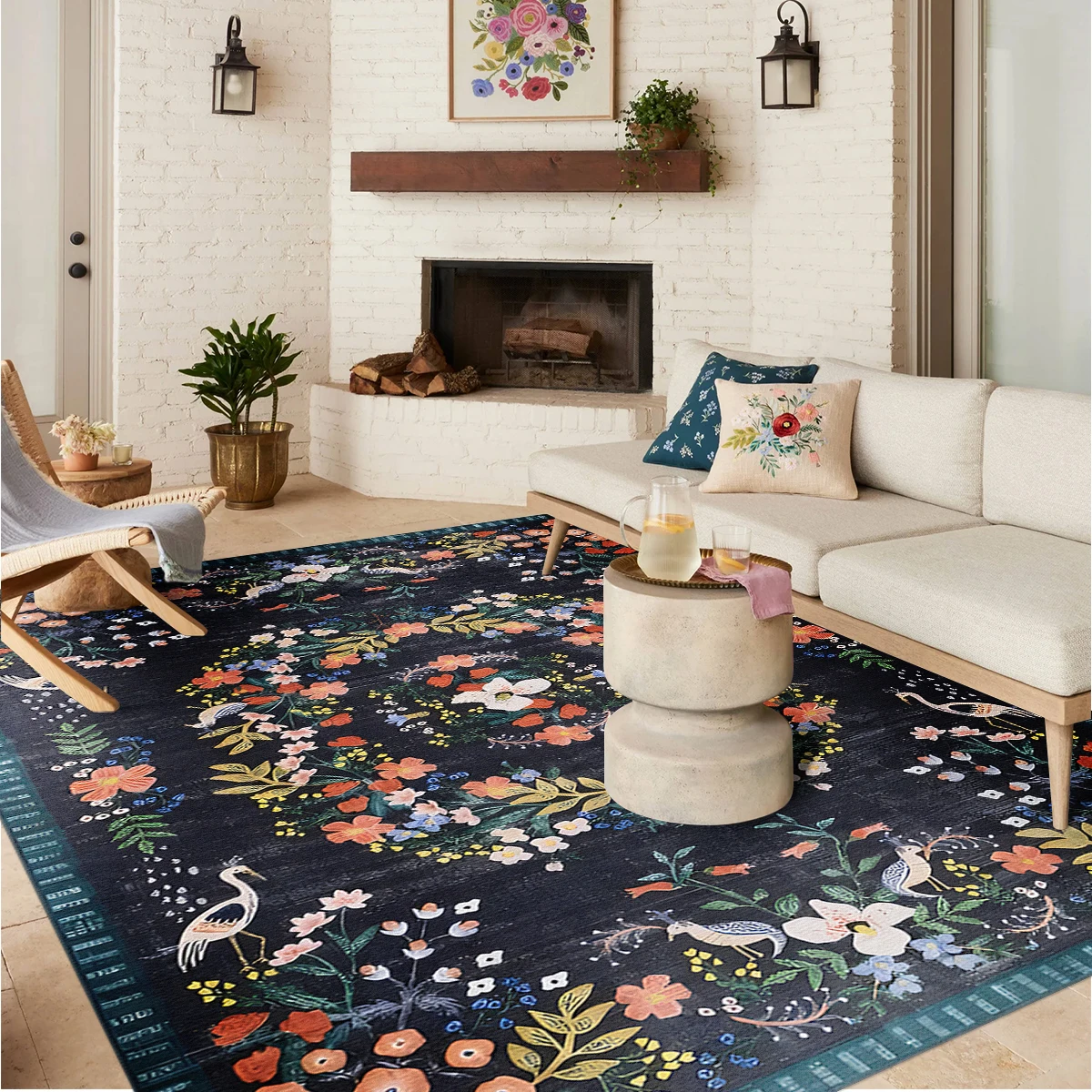 Living Room Carpet French Vintage Floral Pattern Rug Bedroom Bedside Soft Area Rugs Machine Washable Non-slip Large Floor Mat