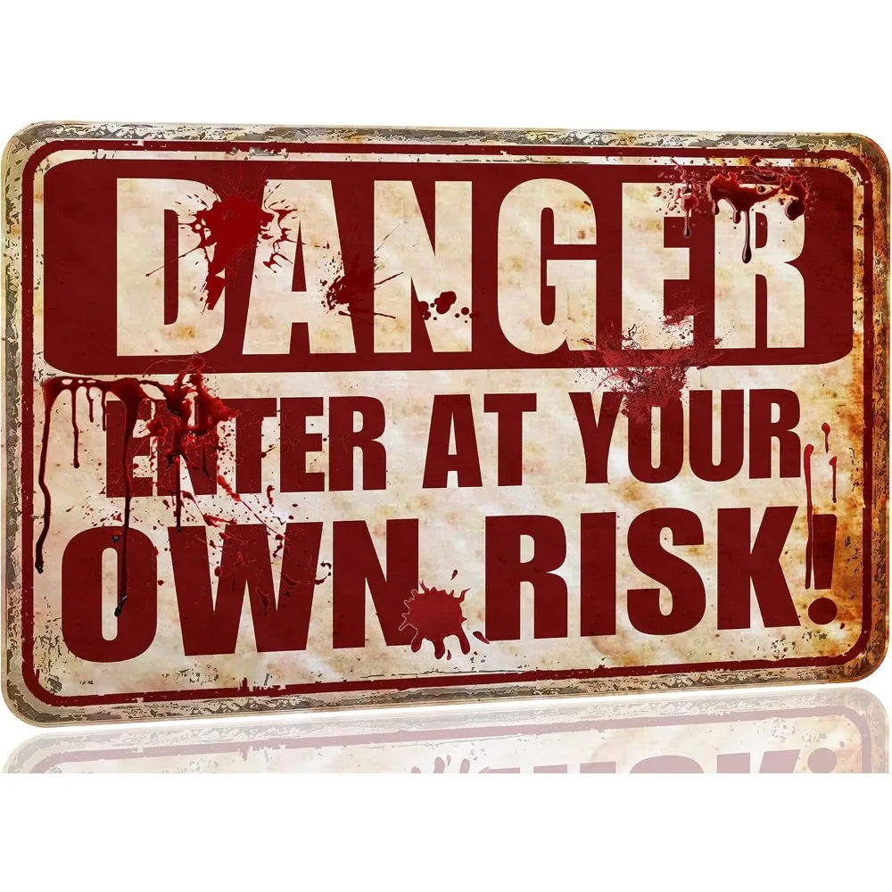 زينة الهالوين في الهواء الطلق علامة معدنية مخيفة علامات رعب دموية للهالوين للحفلات أدخل في خطرك الخاص مقاس 12 × 8 بوصة