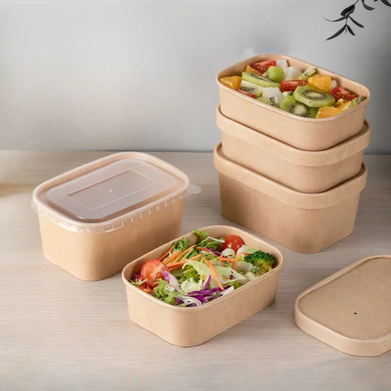 50pcs Disposable Lunch Boxes Thick Kraft Paper Lunch Bowl with Lid Environmentally Friendly Bento Salad Packing Rectangular Box