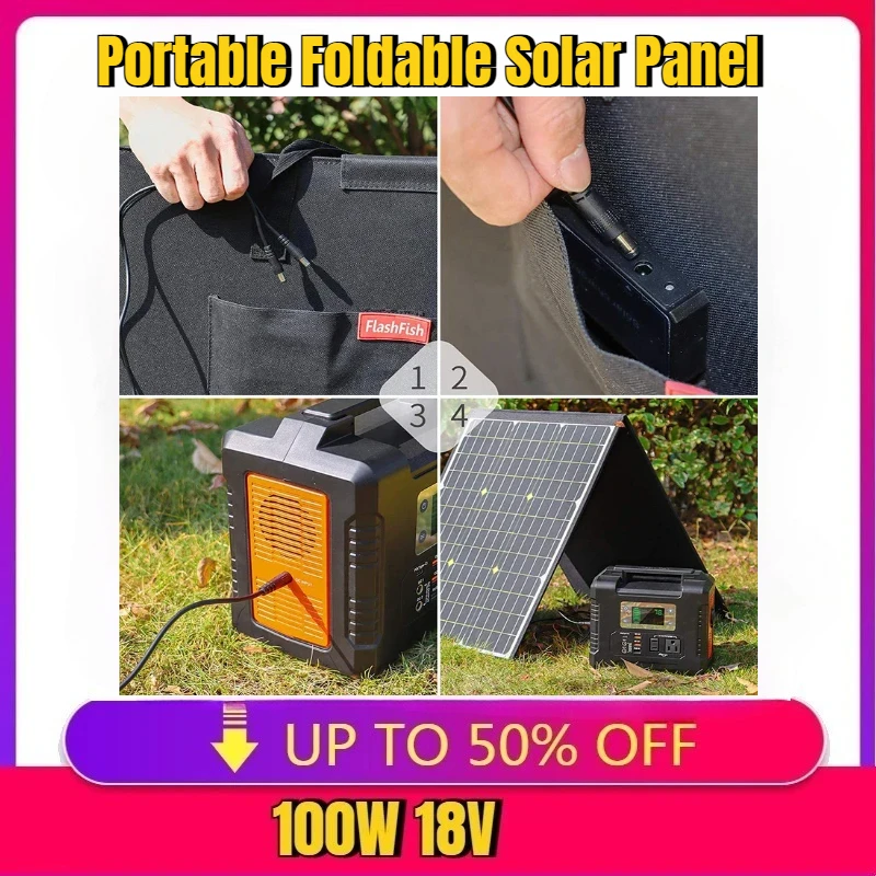 

For Outdoor Charging Power Station Tablet Camping RV Trip Portable Foldable Solar Panel 100W 18V Battery Cell Charger USB QC3.0