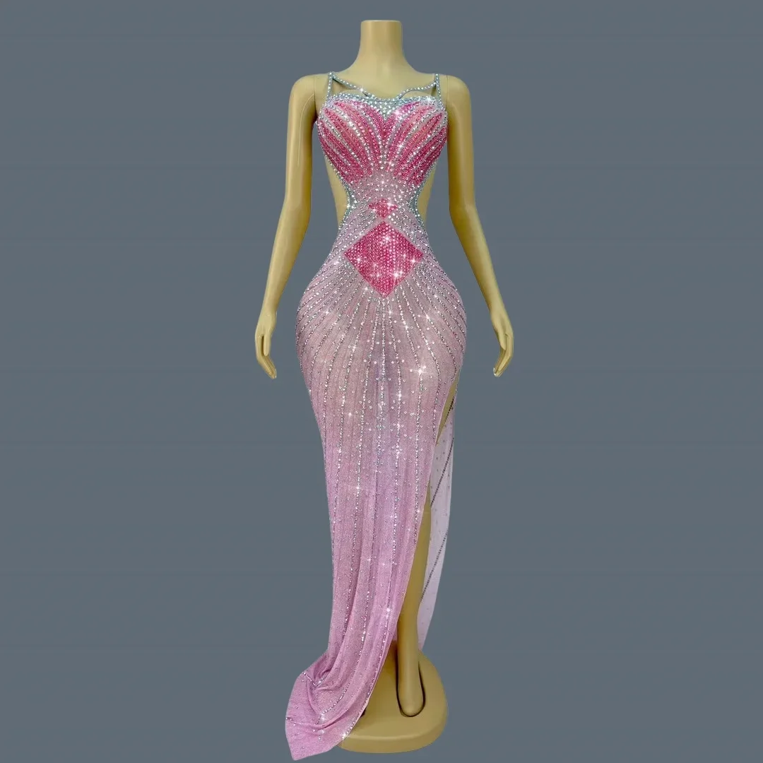 

Pink Birthday Dress Evening Gown Sparkly Crystals Cocktail outfit Red Carpet Show Sexy Women Long Dress Yucha