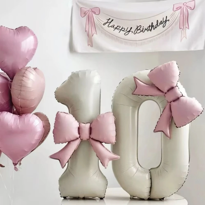 

40-дюймовый кремово-белый воздушный шар-цифра 0-9 из алюминиевой фольги с светло-розовым бантом для украшения на день рождения/годовщину/Новый год