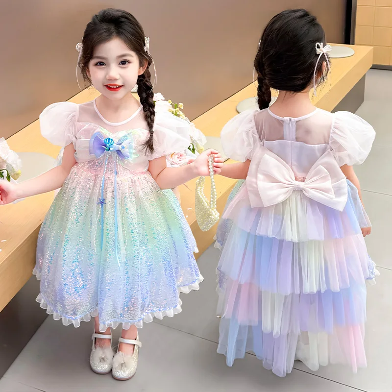 Girls' Sequin Tulle Dress Holiday Birthday Party Outfit Luxury 2-12 Years Children Clothing Beaded Ombre Bowtie Princess Dress
