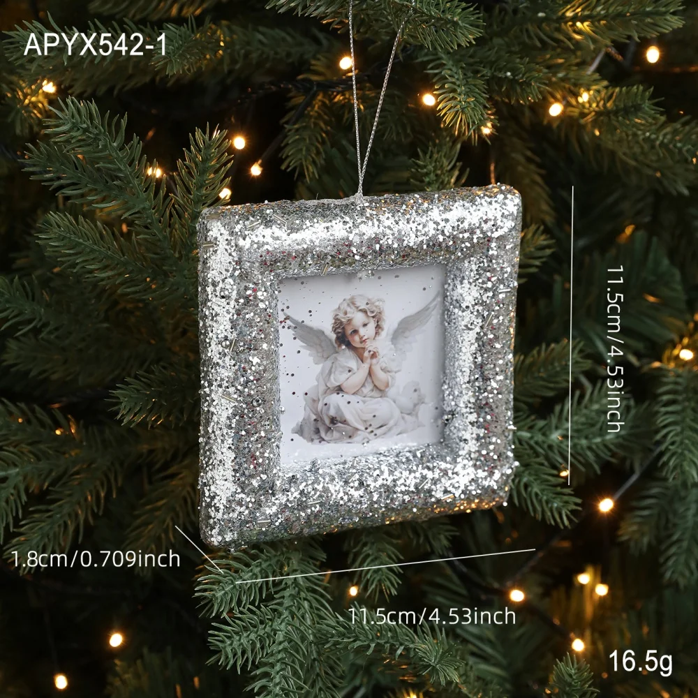 Photo Frame Christmas Ornament High Quality Retro Glitter Frame Decoration Square Round Frame Ornament Vintage For New Year Gift