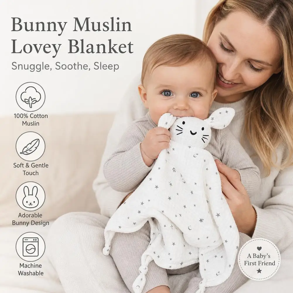 Baby Security Blanket Pure Cotton Printed Cat Face Embroidery Rabbit Comfortable Blanket For Newborn Kids Stuffed Plush Toy