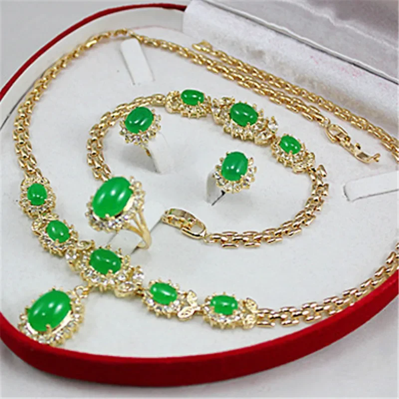 3pcs Green Blue Red Oval Stone Jewelry Chain Necklace Pandant Bracelet Ring Earrings Set Vintage Women Bride Wedding Party Gifts