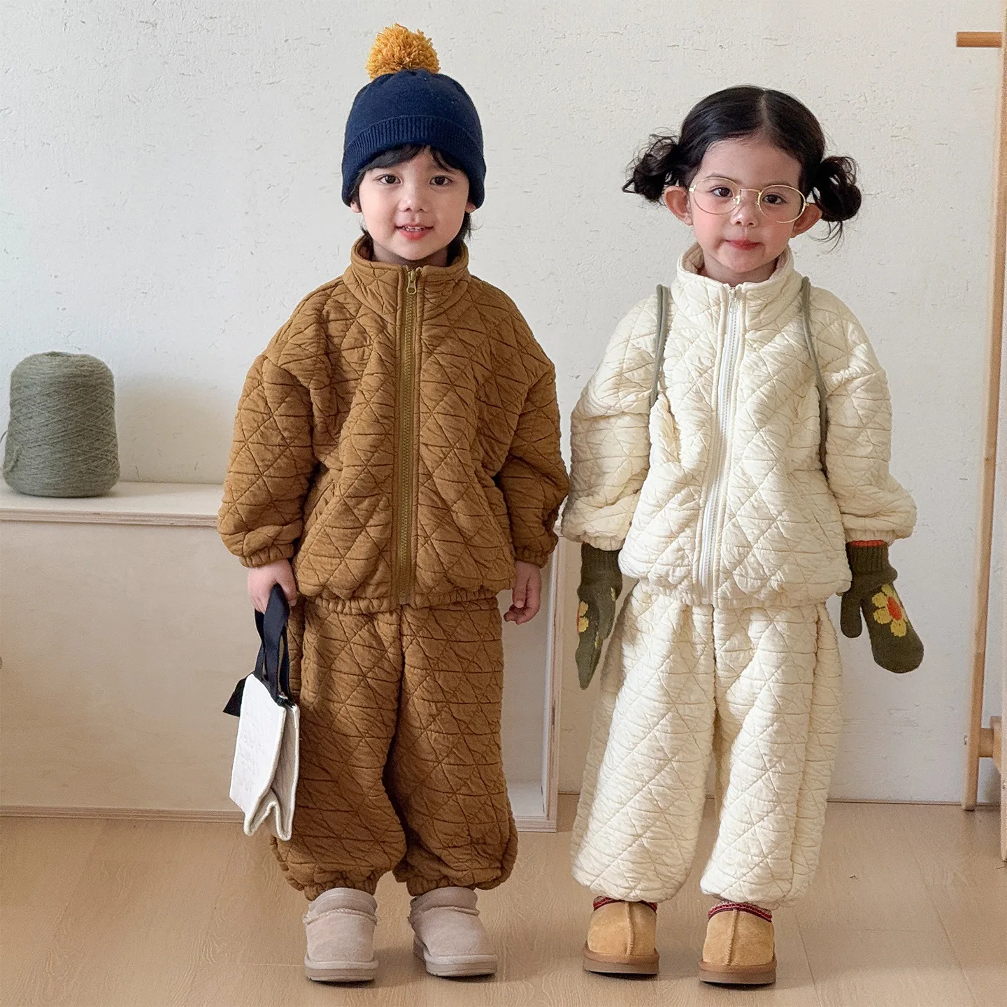 2026 Winter New Children Warm Clothes Set Boys Girls Quilted Jacket + Casual Pants 2pcs Suit Kids Cotton Thick Outfits