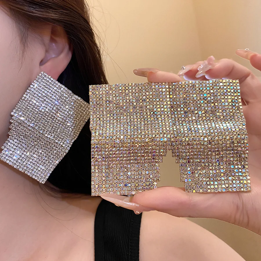 Newly Designed Exaggerated Rhinestone Geometric Square Earrings Fashion High end Accessories For Women Wedding Jewelry Gifts
