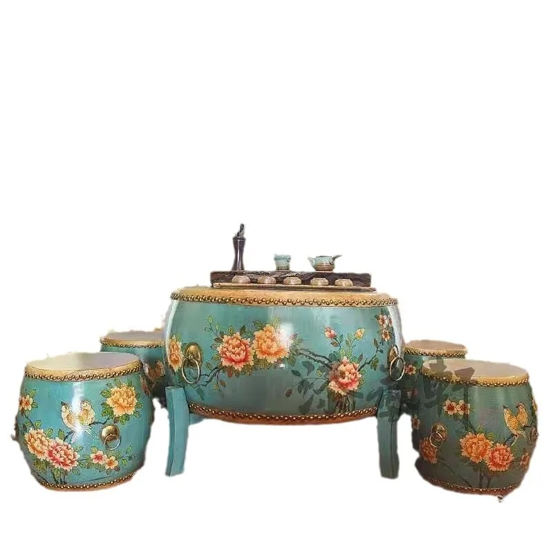 Chinese coffee table round antique solid wood painted cowhide drum stool tea table