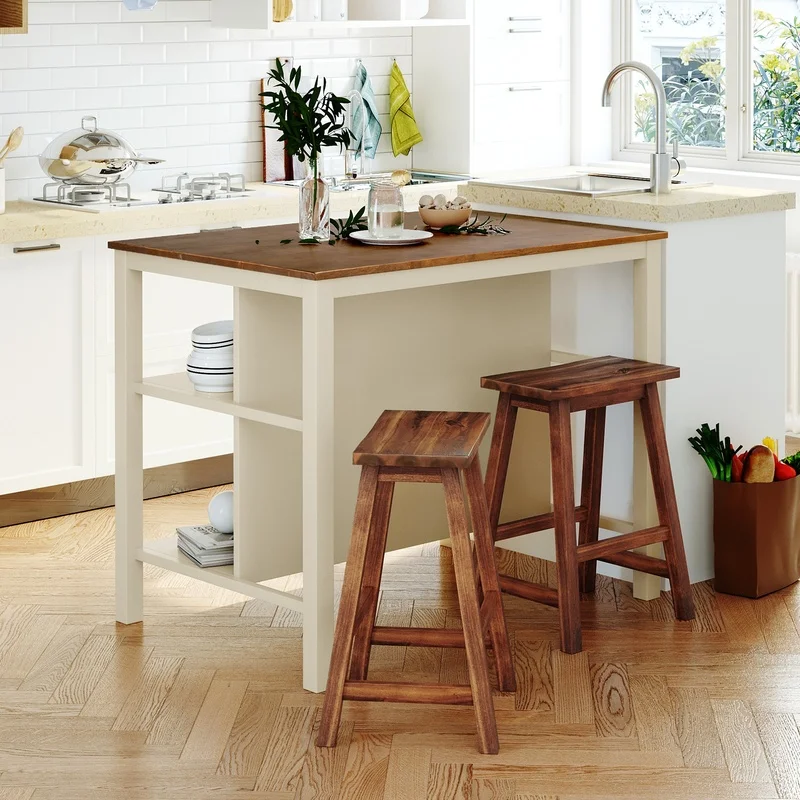 

Rustic 3-Piece Kitchen Island Set with 2 Seatings, Rubber Wood Butcher Block Table, Open Shelves, Walnut Cream White Finish