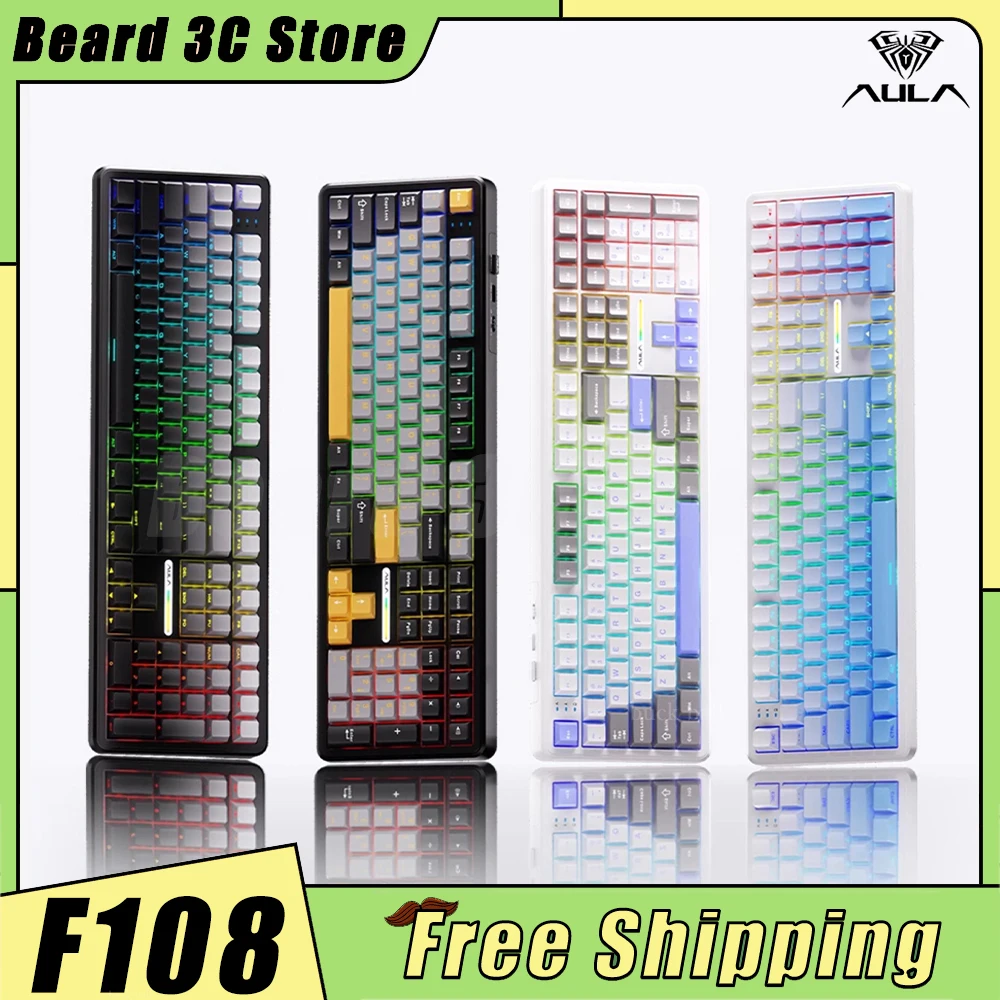 Aula F108 Mechanical Keyboard Three Mode Bluetooth Wireless Switch Hot Swap Rgb Keyboard Hifi 1k Polling Rate Customized Office