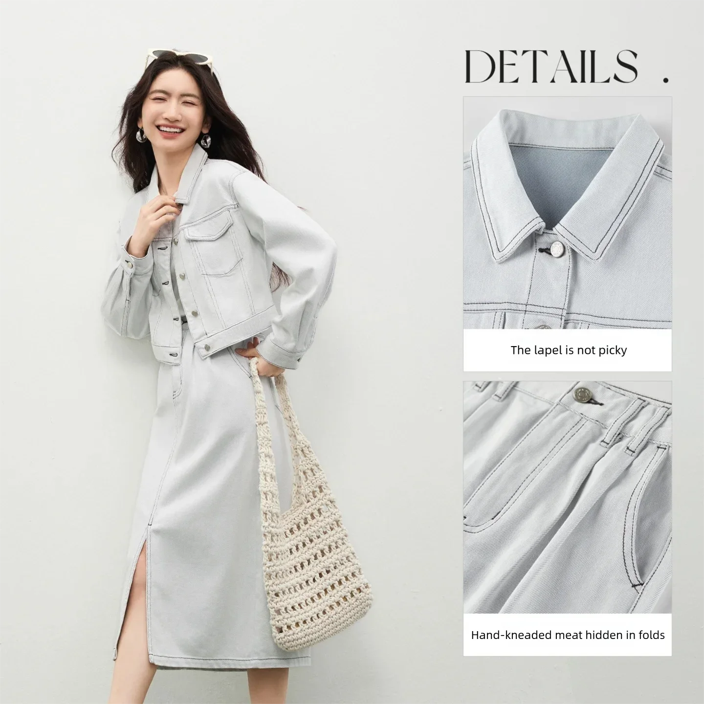 SENTUBILA Women Cotton Denim 2 Piece Outfit Colorfast Short Denim Jacket Wide Leg Jeans Matching Set Commute Suit W61ZD6665Z view 3