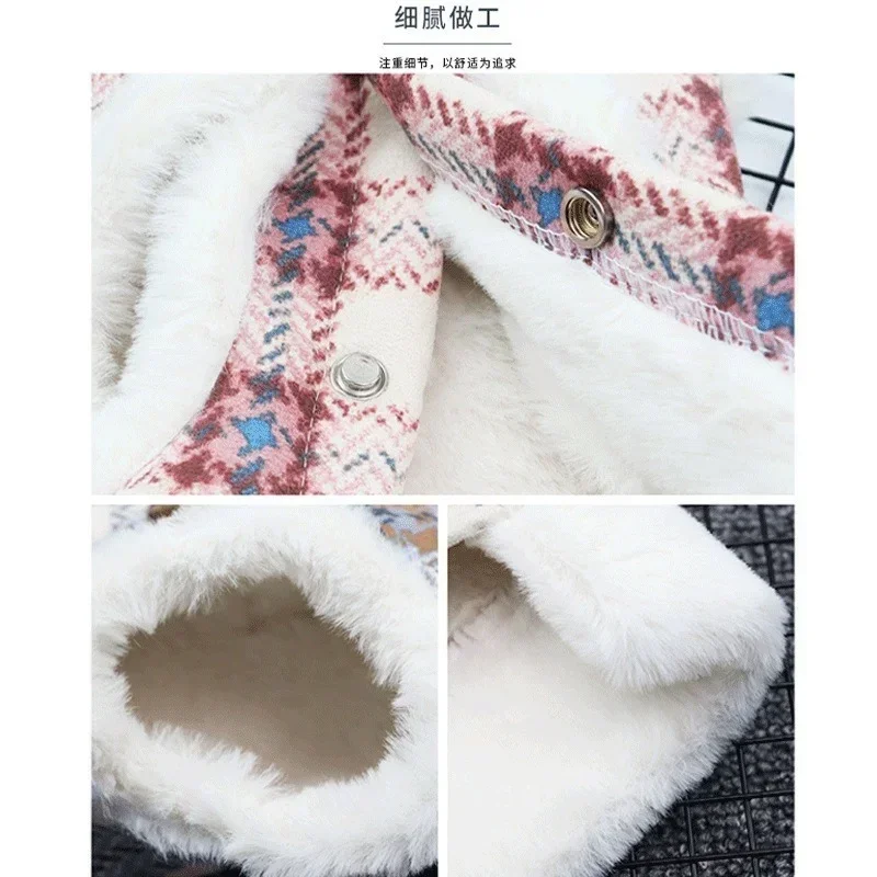 Plaid Cotton Coat Jacket Pet Dog Clothes Velvet Traction Rope Dogs Clothing Cat Small Print Cute Autumn Winter Girl Chihuahua