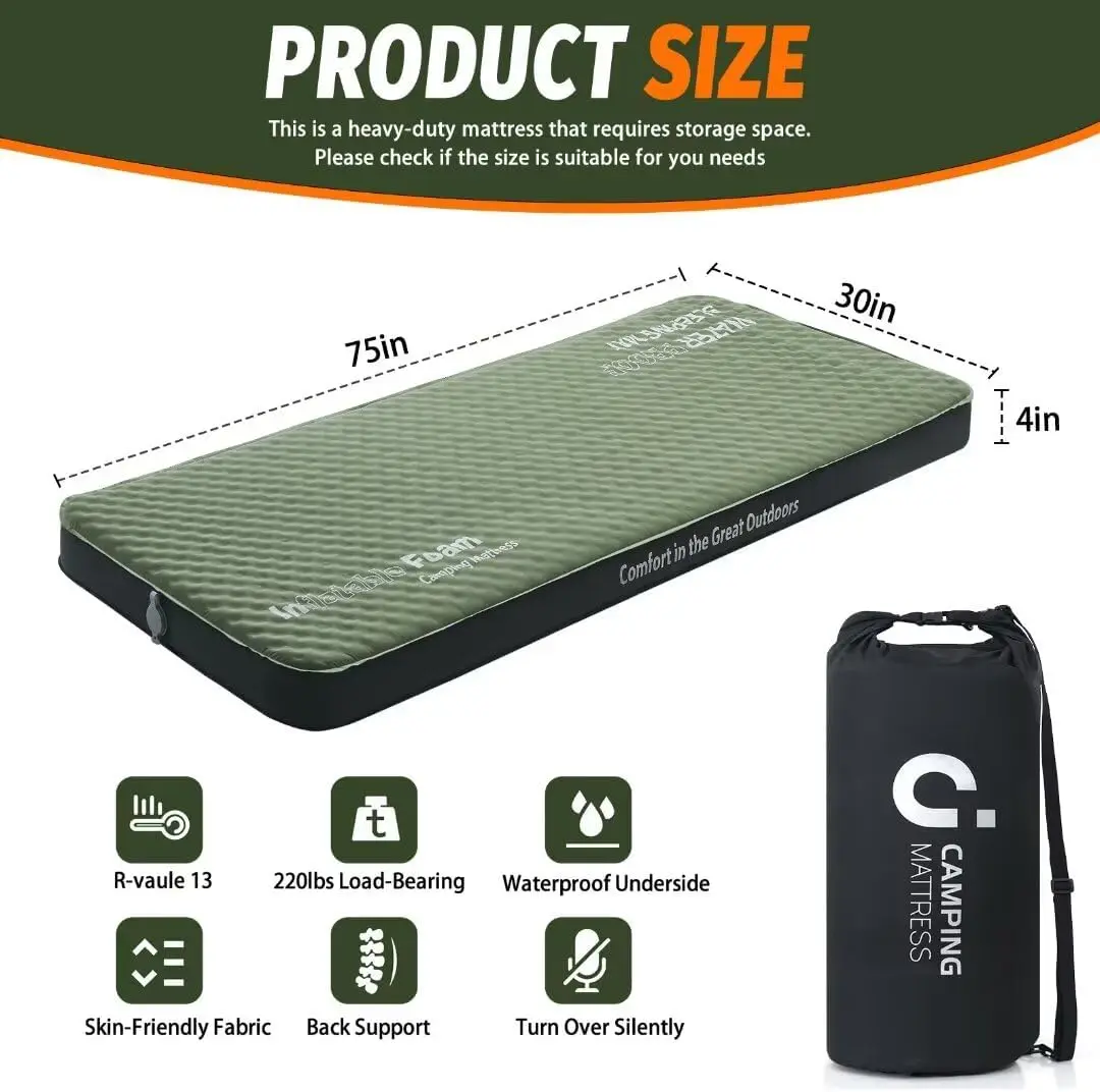 Camping Mattress 4 Ultra-Thick Self Inflating Sleeping Pad with Pump Sack with Memory Foam Sleeping Mat for Camping Cot 4