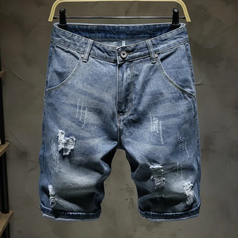 Man Denim Shorts Ripped Short Jeans Pants for Men Blue Straight with Pockets Harajuku Vintage Buttons Sale Original Trend 2024