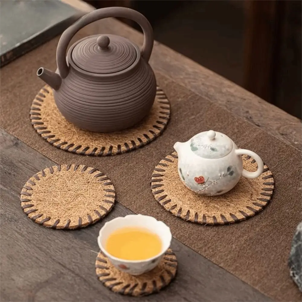 Anti-scalding Round Brown Placemats Handmade Bristle Insulated Teapot Mat Slip Heat Resistant Table Mat Tea Ceremony Accessories