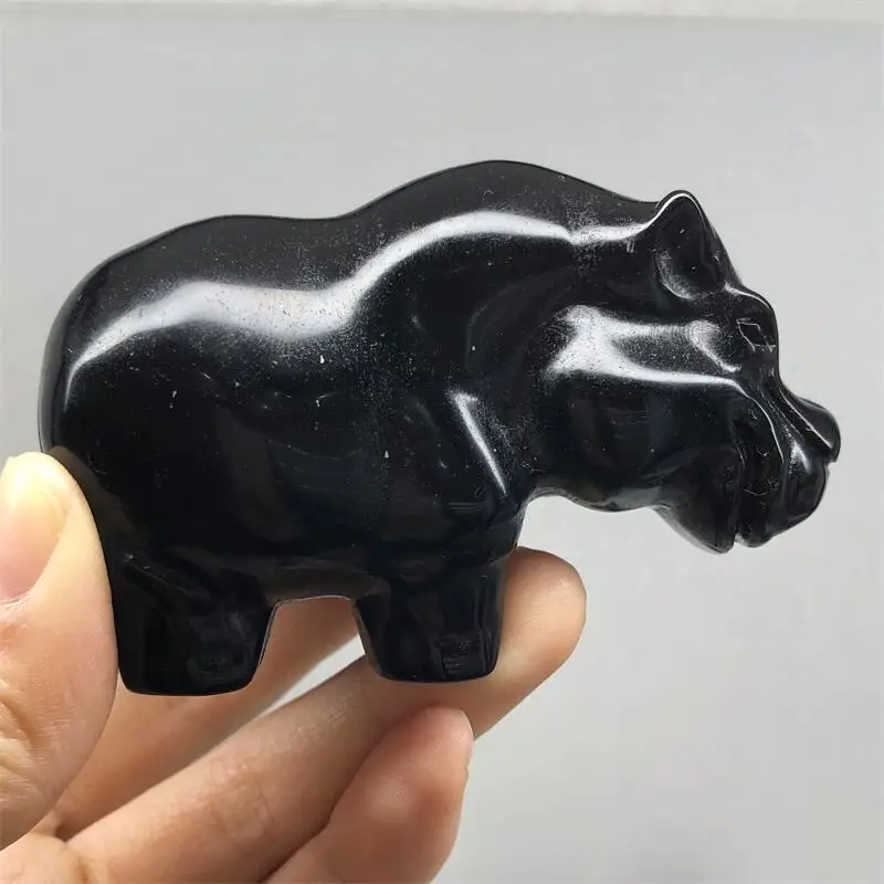 Natural Black Obsidian Rhinoceros Crytsal Carving Mini Animal Healing Gemstone Office Desktop Ornament Home Decoration Gift 1pcs