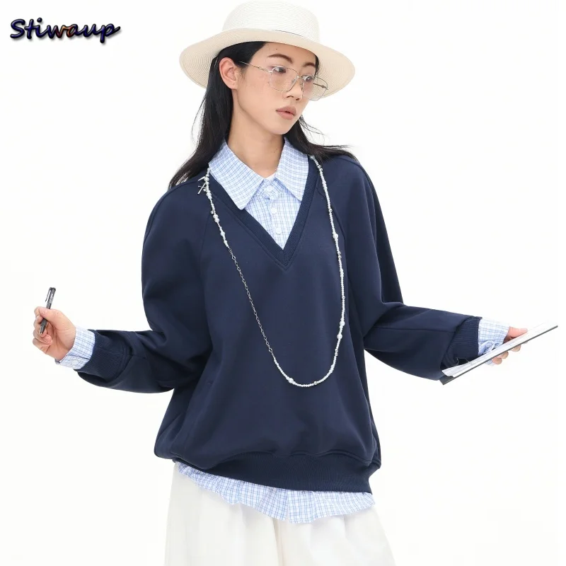 Women's Sweatshirt Navy Blue Layered Look Turndown Collar Patchwork Y2k Longsleeve Sweatshirts Casual Fashion Women's Clothing