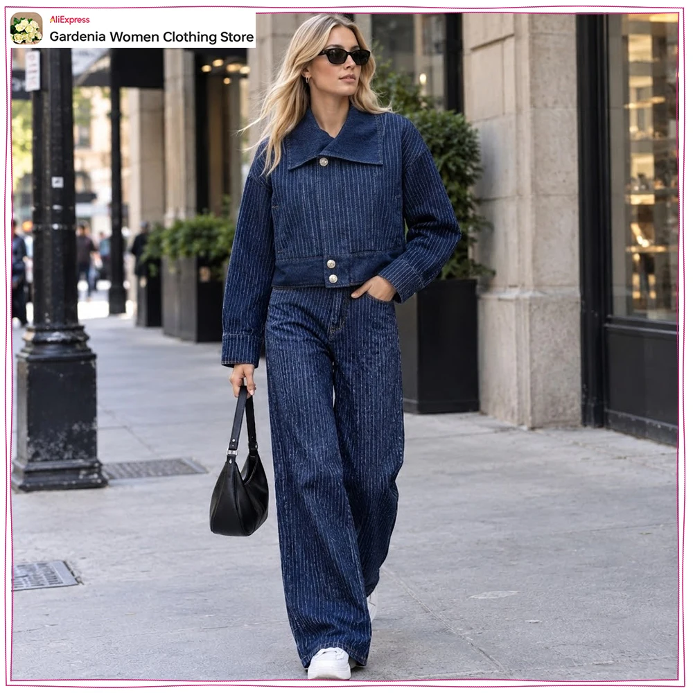 Women's Blue Striped Denim Pant Sets Cowgirls 2 Piece Set Double-breasted Striped Denim Jacket Matching Tonal Straight Leg Jeans