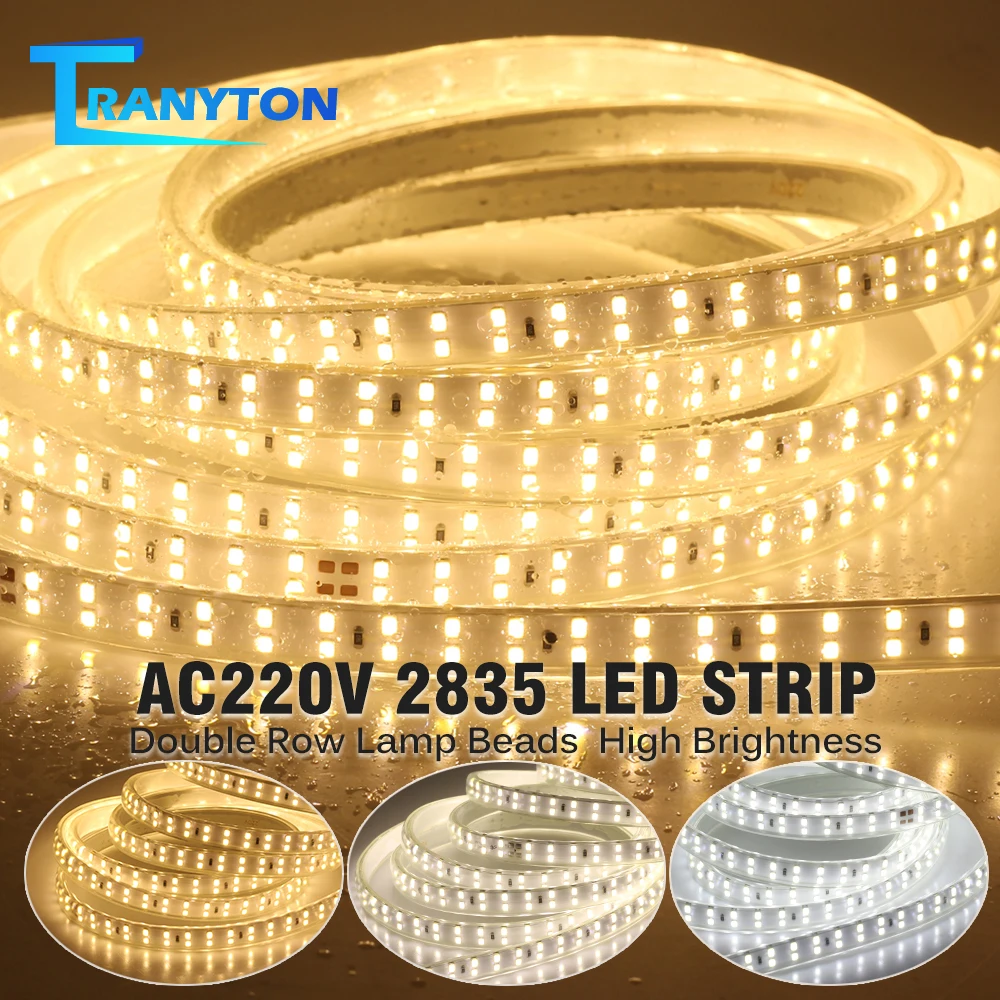 220V Double Row Lamp Beads LED Strip Flexible Light SMD2835 180Leds/m Waterproof Diode Tape with EU Plug 1-15M 3000K 4000K 6000K