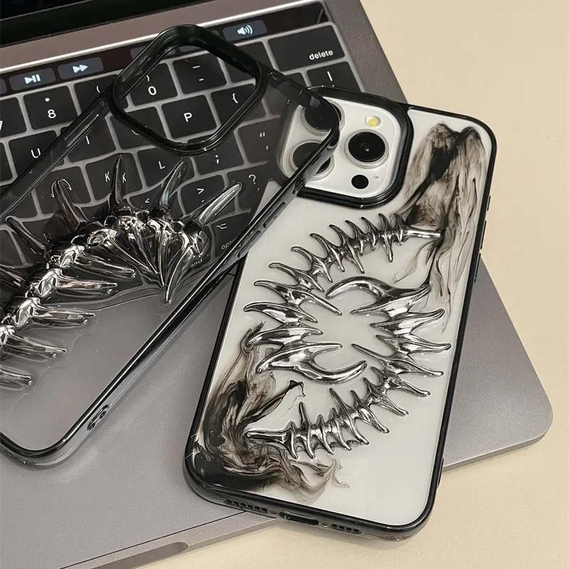 3D Dyeing metal Fishbone Transparent phone case For iphone 16 15 14 plus 13 12 11 Pro Max shockproof Anti-fall TPU soft shell