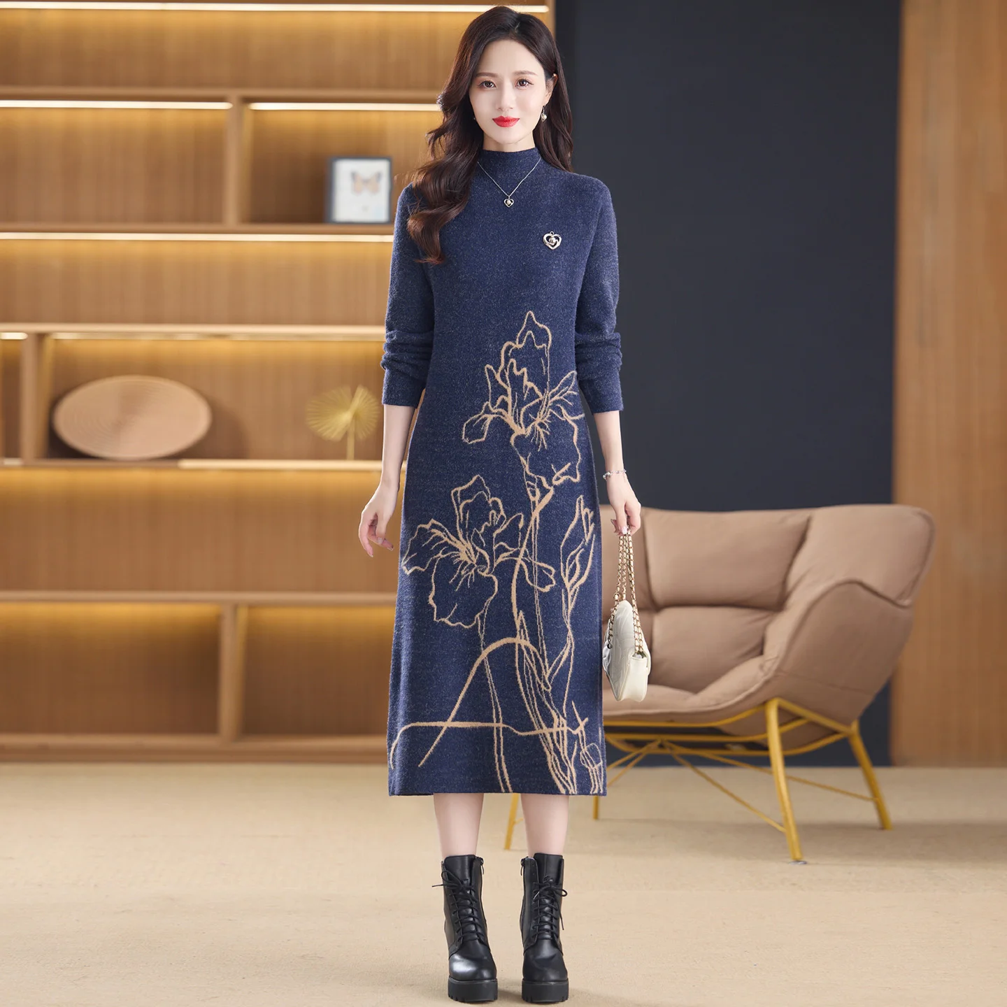 

Autumn Winter Korean Vintage Casual Midi Sweater Dress 2025 Floral Mink Wool Thick Warm Pullovers Women Elegant Bodycon Sweaters