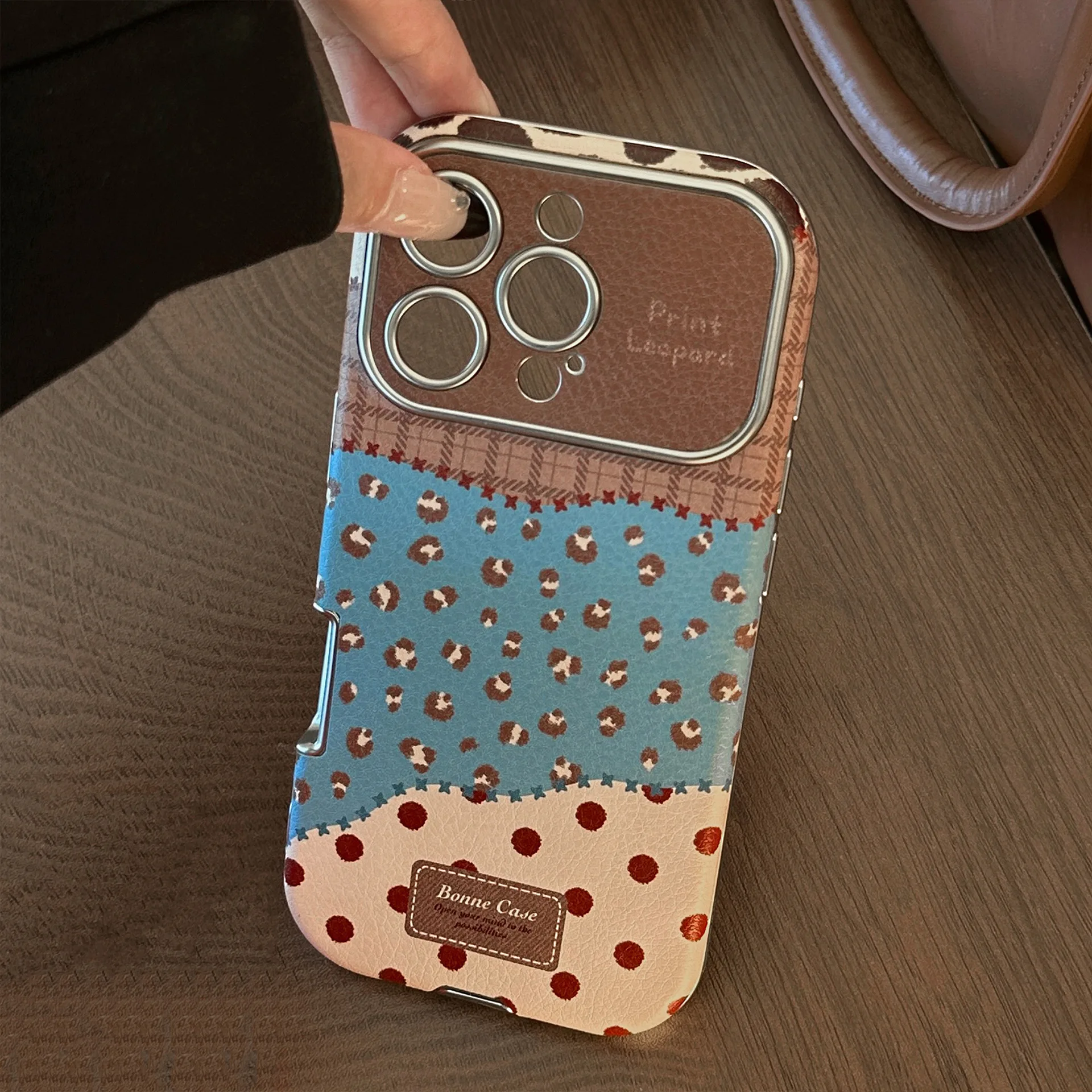 Korean Leopard Print Splicing Faux Leather Phone Case for iPhone 17 16 15 14 13 12 11 Pro Max Plus Shockproof Protective Cover view 4