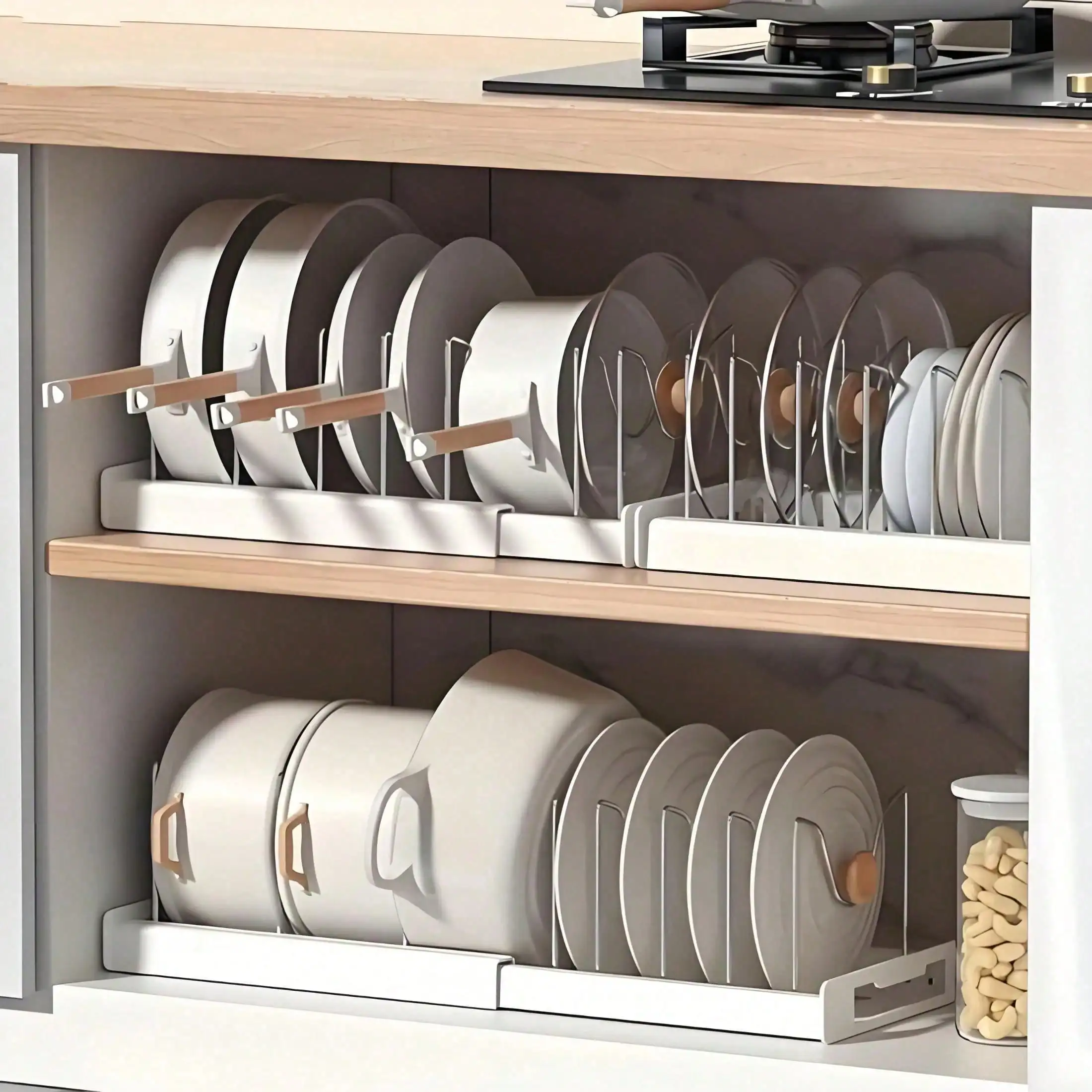 Expandable Kitchen Pot and Pan Organizer with Adjustable Dividers