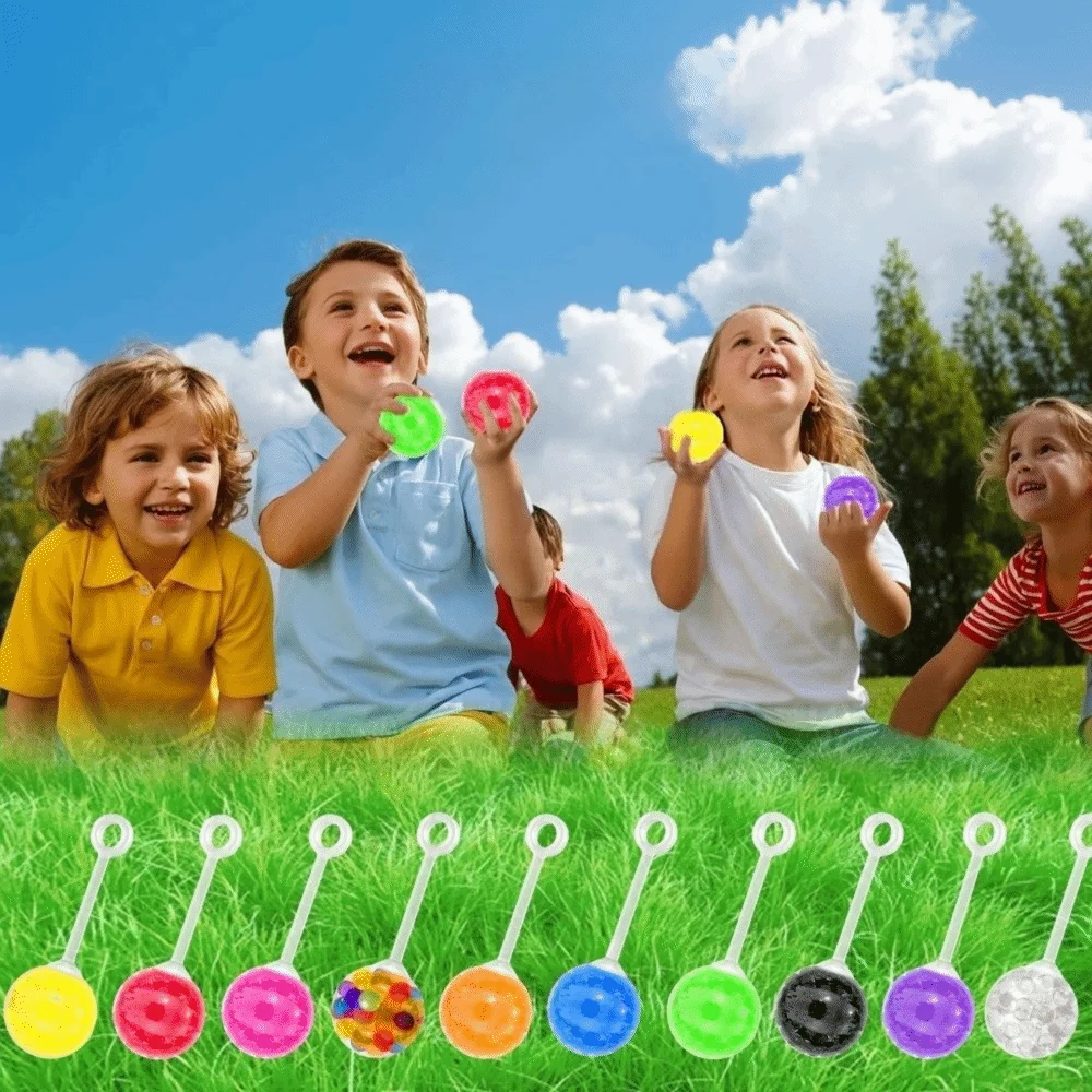 10PC Fun TPR Finger Bounce Balls Multi-color with Rope Water Bead Jumping Balls Yo-Yo Squeeze Sensory Toys Party
