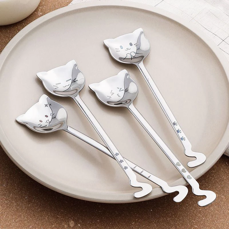 1Pcs Cute Cat Coffee Spoon 304 Stainless Steel Cat spoon Teaspoon Long Handle Flatware Gift Tableware Coffee accessories spoon