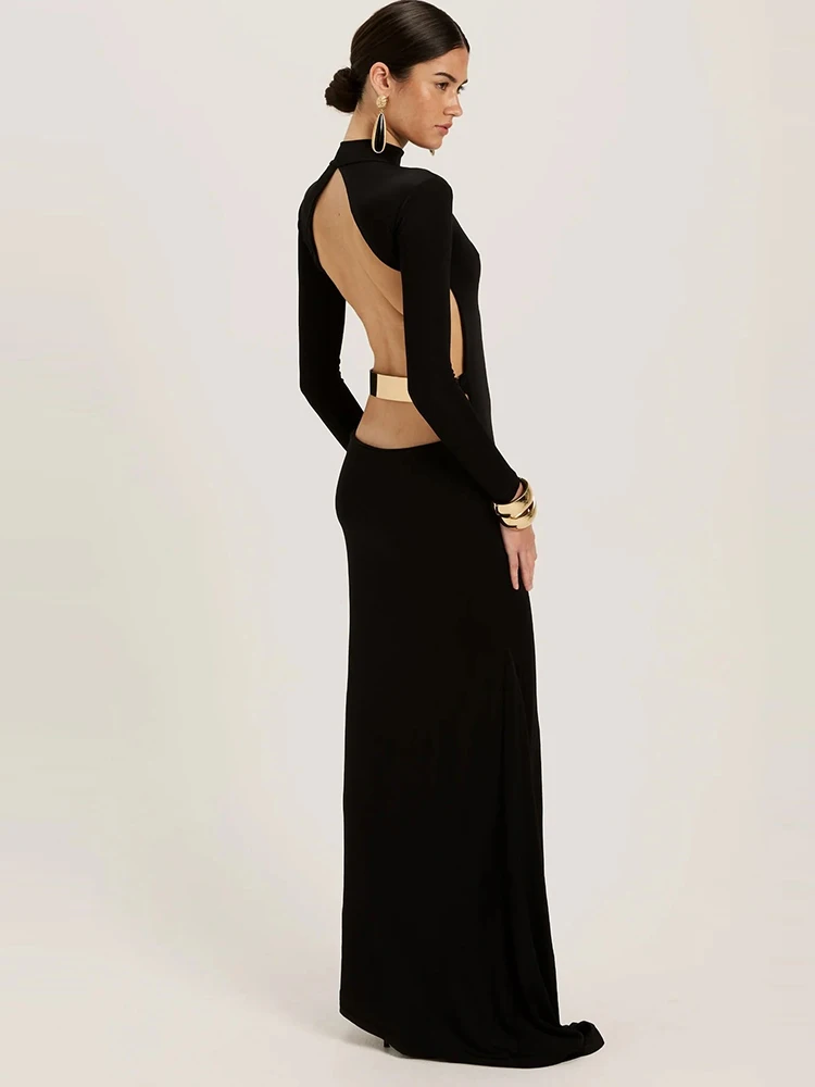 Sibybo Metal Backless Sexy Bodycon Maxi Dress Women Gowns Elegant Half High Collar Long Sleeve Evening Party Dresses Vestidos