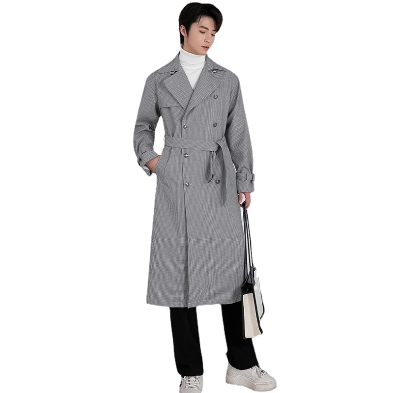 

2025 Мужская весенне-осенняя куртка-тренч с карманами в клетку, повседневная одежда для мальчиков, элегантная повседневная двубортная верхняя одежда в британском стиле