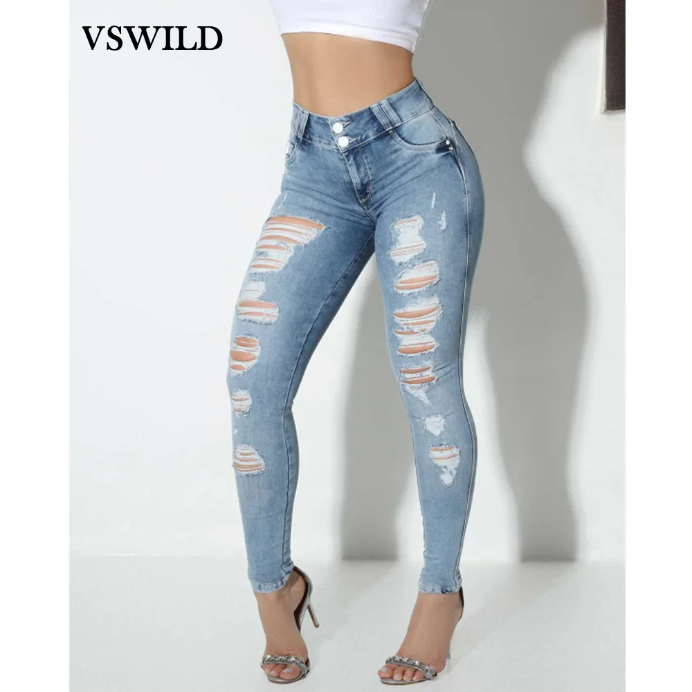 

High Waist Pants Women Jeans Blue Slim Ripped Jeans Skinny Distressed Washed Stretch Denim pants streerwear casual pencil pants