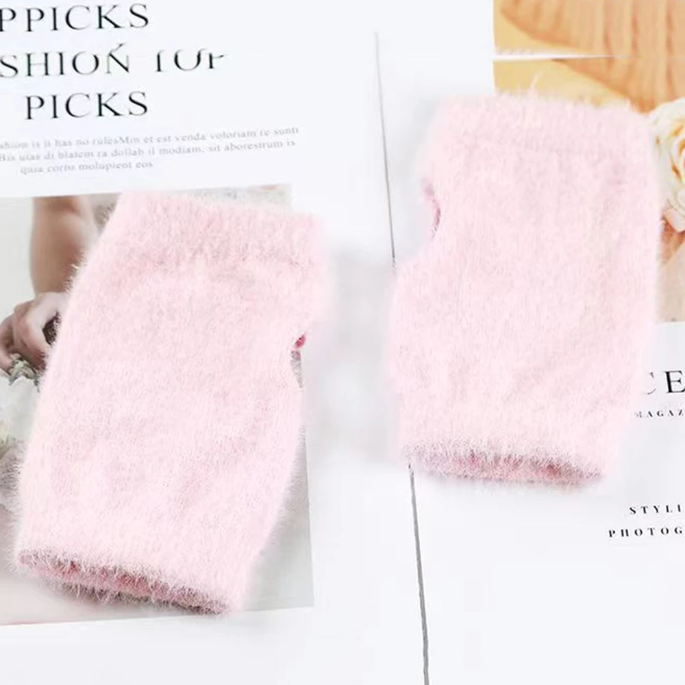 Women Winter Half Finger Gloves Soft Warm Wool Knitting Elastic Arm Gloves Fluffy Imitation Mink Mittens Fingerless Arm Warmer