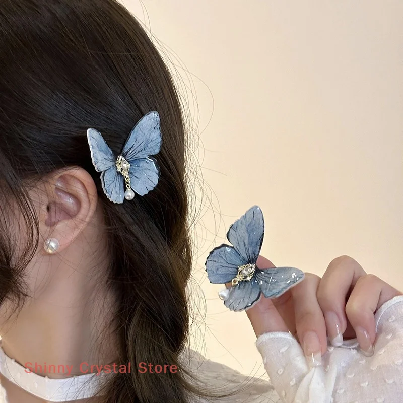 

Crystal Duckbill Hairpin For Women Butterfly Pearl Side Bang Clip Sweet Versatile Hair Accessory
