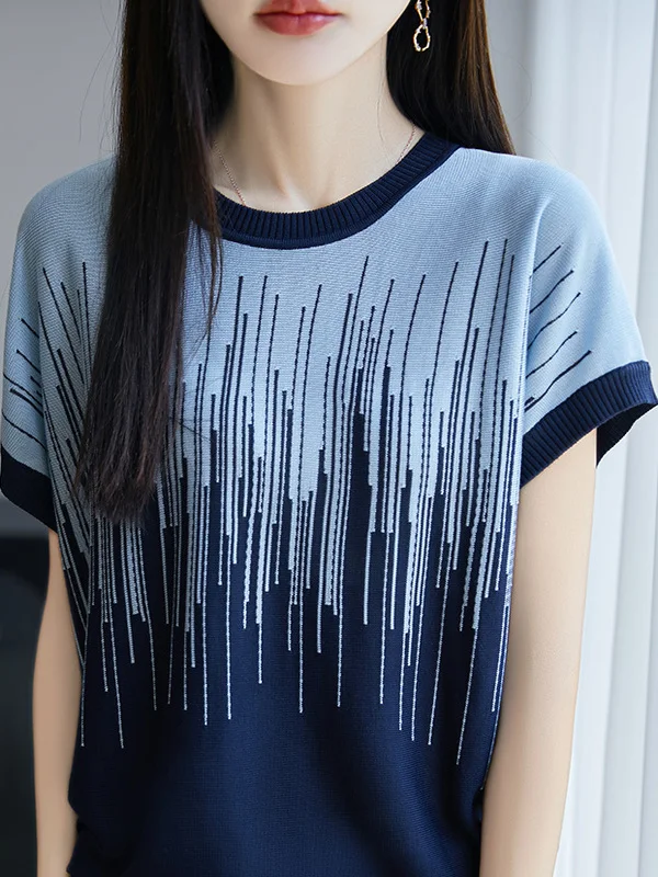 

Faionable Knitted ort Sve round Ne T-irt Color Blo Ele Sle Women's Top Trendy Commute Wind Loose Fit