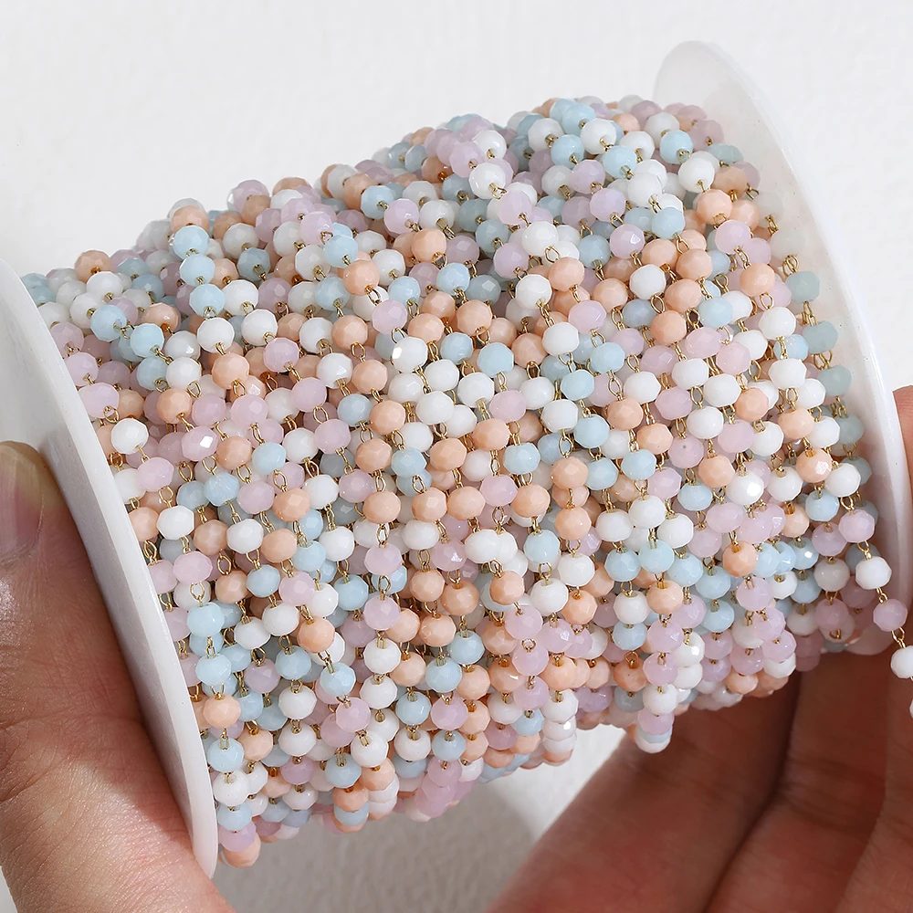 No Fade 1Meter Crystal Stone Stainless Steel Chain Pink Blue Beaded Chains for Necklace Bracelet Chain Jewelry Making DIY