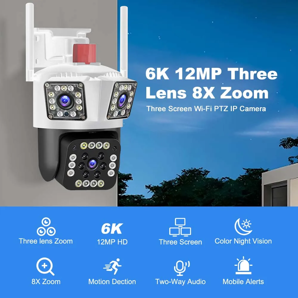 WiFi IP Camera 12MP 6K Three Lens 8X Zoom Surveillance Camera AI Tracking Security Protection Outdoor Security Camera CCTV Cam
