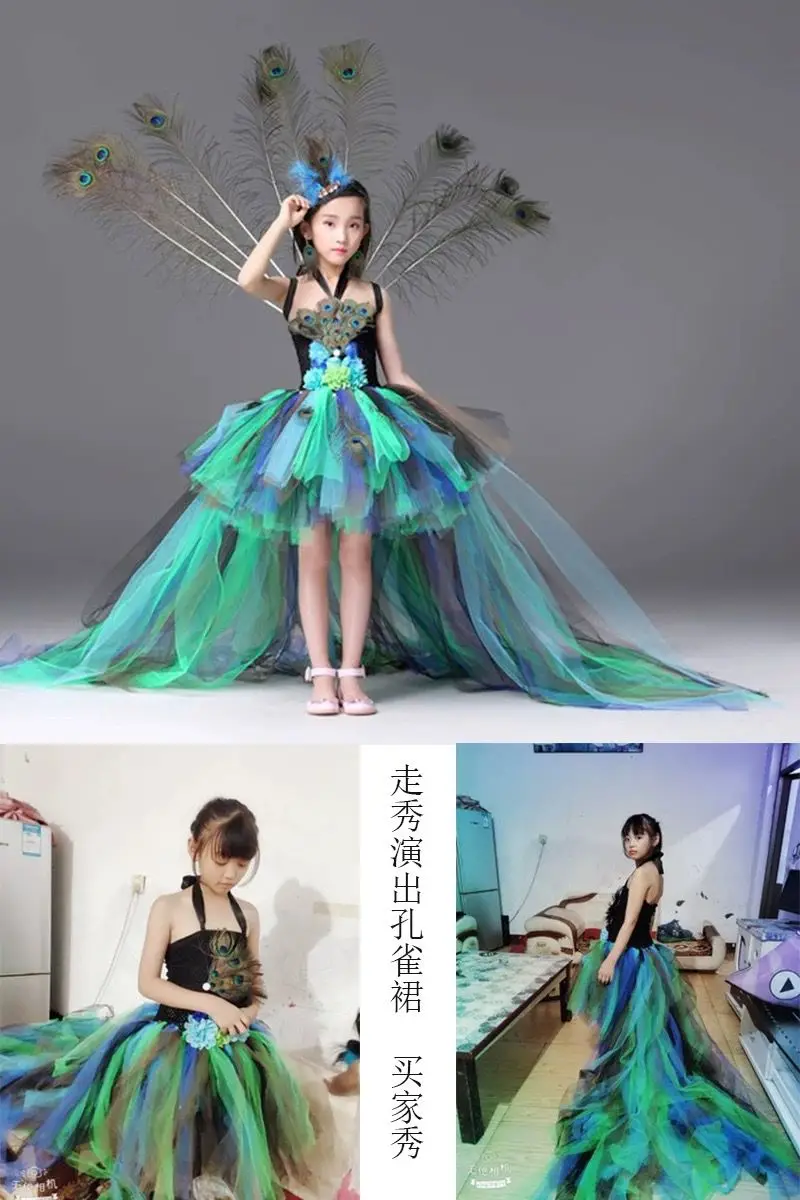 Girl stage catwalk skirt Peacock princess cosplay dress  children\'s performance clothing big tail tutu dress birthday gift