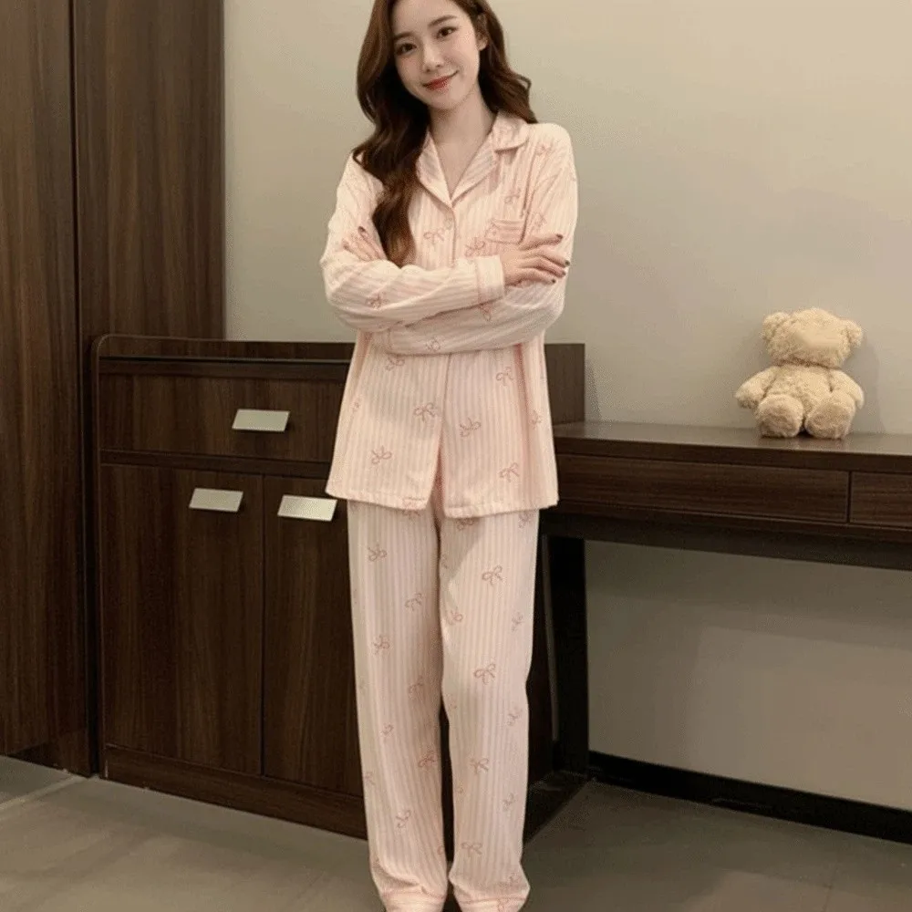 Ins Stripe Bow Pajamas Set Loose Casual Sweet Pajamas Suit Korean Style Home Wear Long Sleeves Pajamas Women