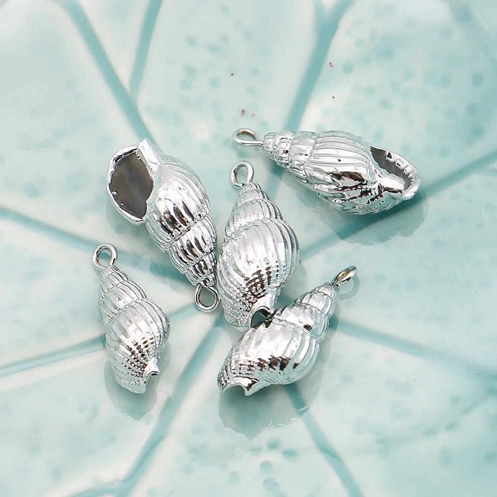 Electroplated Silver-color Conch-Shaped Shell Single-Hole Pendant DIY Exquisite Necklace Nautical Beach-Style Jewelry Accessory