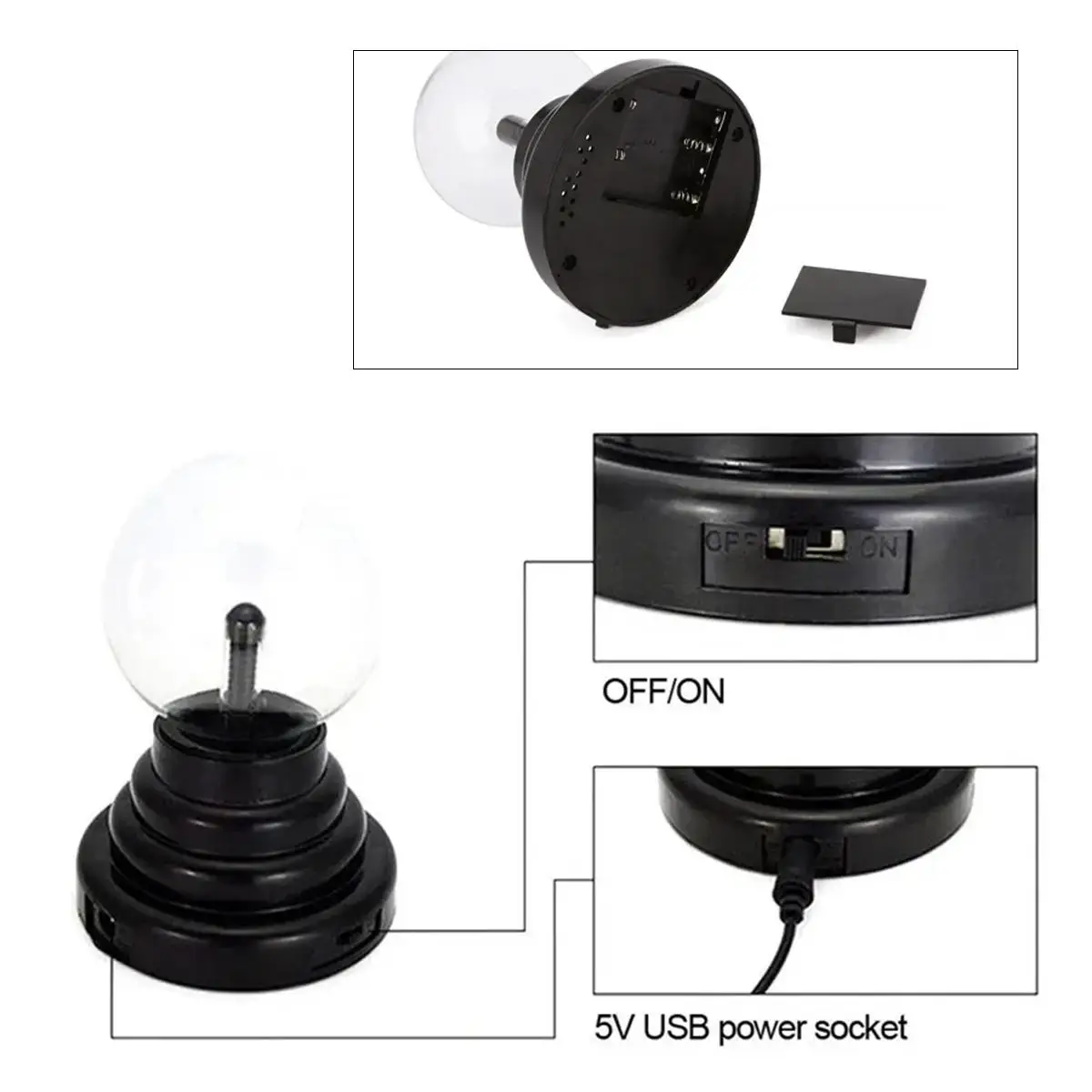 مصباح البلازما EU Plug Light Touch الكهربائية USB الكرة الكبيرة 5 بوصة الكرة الأرضية الساكنة الحساسة البرق السحرية تعمل بالبطارية الحمراء ليلة